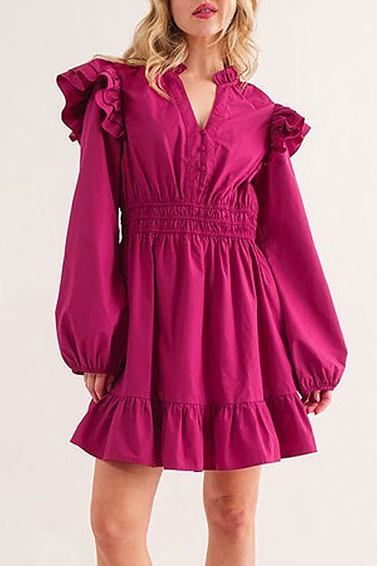 Long puff sleeve v-neck ruffle mini dress (EFWT5735)