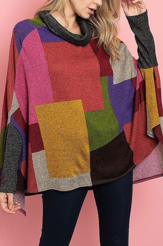 Cowl square print color block poncho sweater top (ED7901)