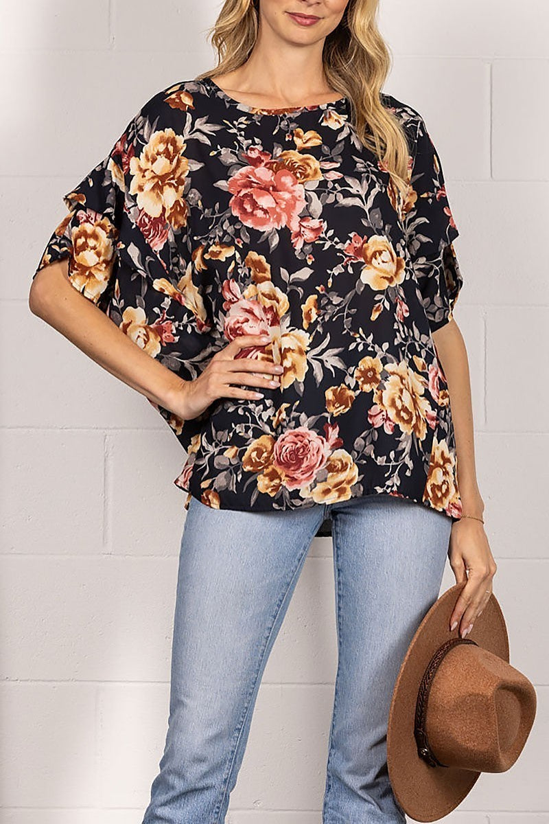 Chiffon floral print layered sleeves top (EDSW4227)