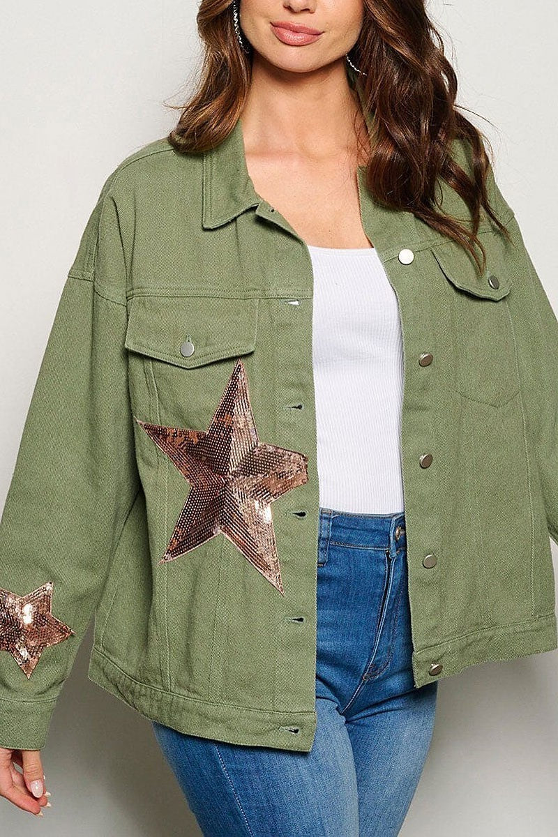 Long sleeve button closure stars pockets jacket (EGWT1417)