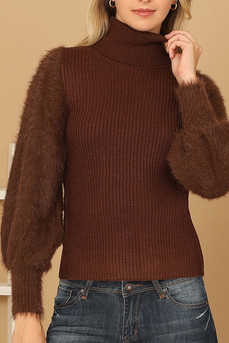 Fur sleeves ribbed turtleneck sweater (DGS6718)