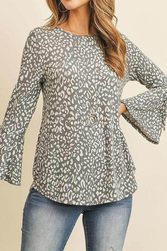 Bell sleeve ribbon detail round neck leopard top (ED8060)