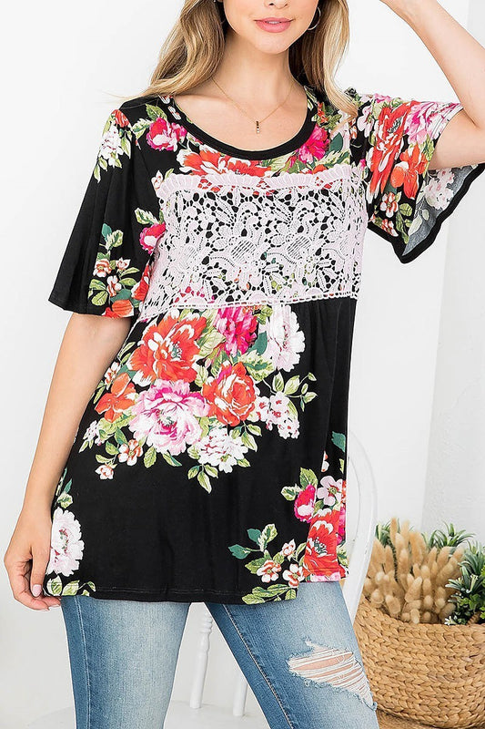 Lace trimmed floral print top (EF4309)