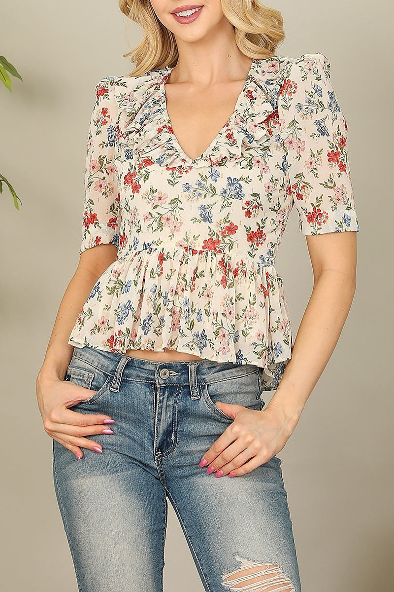 Ruffle v-neck half sleeve peplum floral top (EF7366)