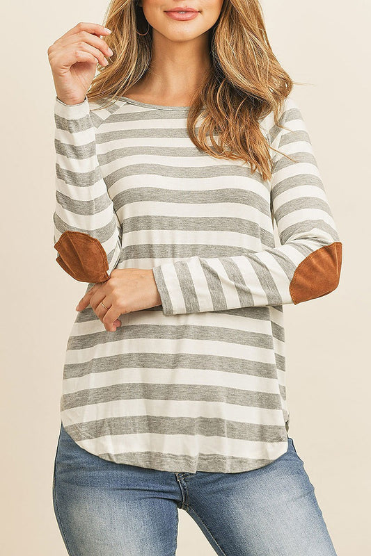 Striped long sleeve elbow patched top (ED8521)