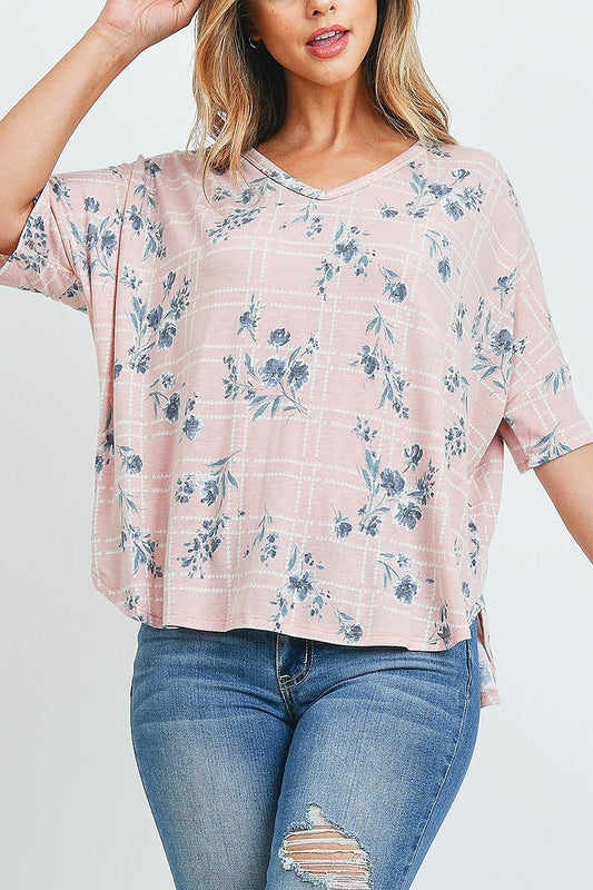 V neck floral plaid print top (ED9272)