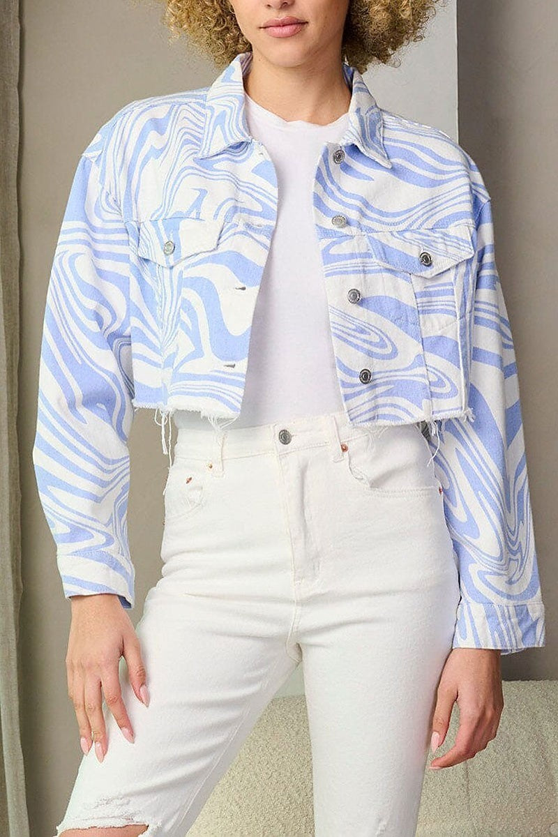 Button closure tie dye denim crop jacket (EFWT9328)