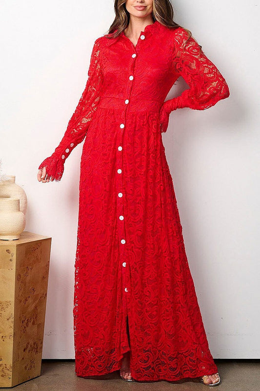 Long sleeve button up all over lace maxi dress (EFWT7817)