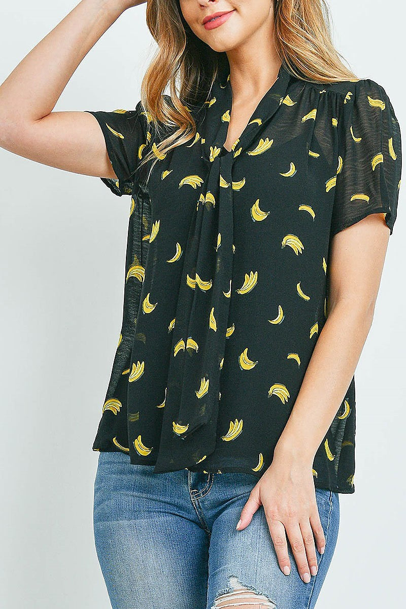 Banana print tie neck detail sheer top (ED9350)