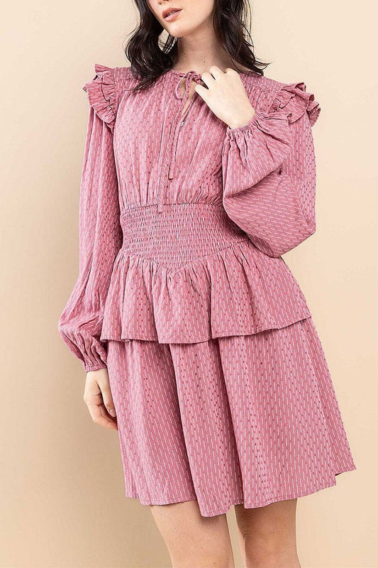 Long sleeve ruffle smock waist mini dress (EGWT1934)