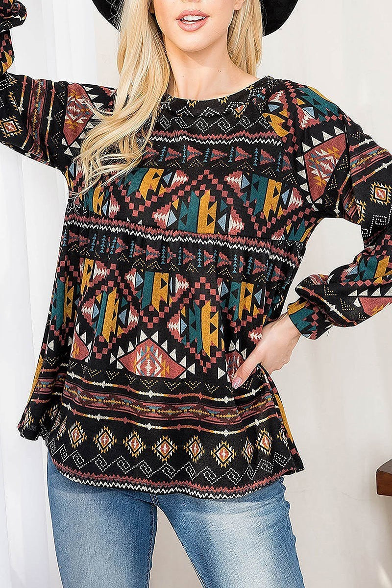 Boho print puff sleeve shirring top (EF2884)