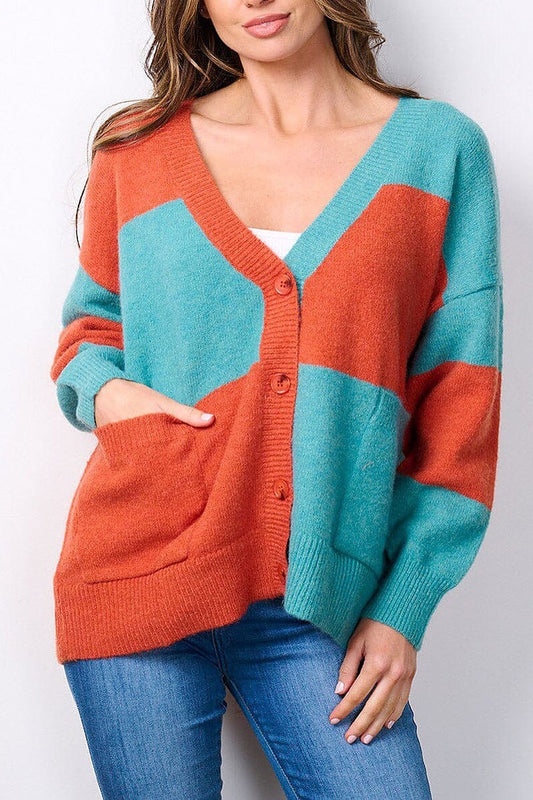 Long sleeve button up pockets colorblock cardigan (EFWT7569)