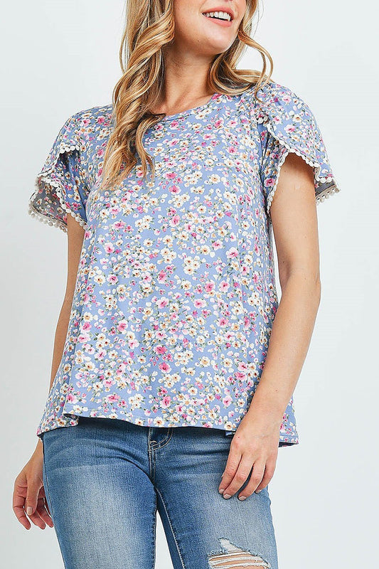 Pompom detail sleeves floral print top (ED9770)