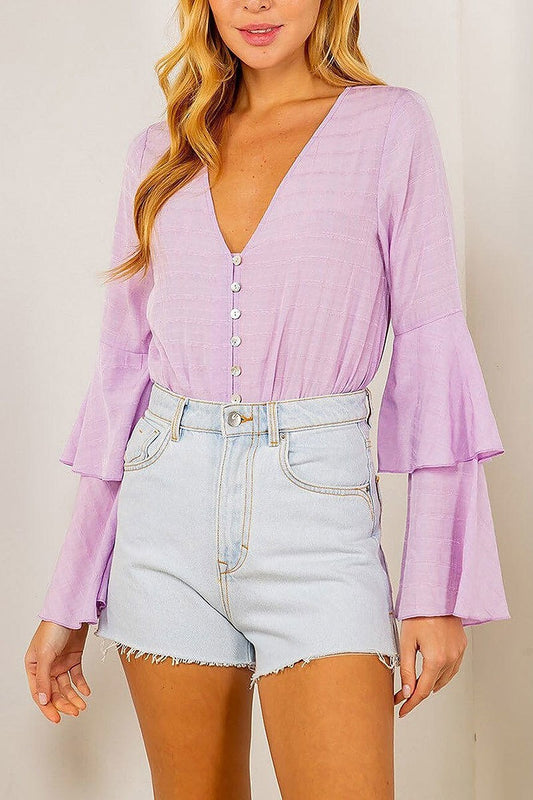 Long ruffle sleeve v-neck bodysuit (EFWT5512)