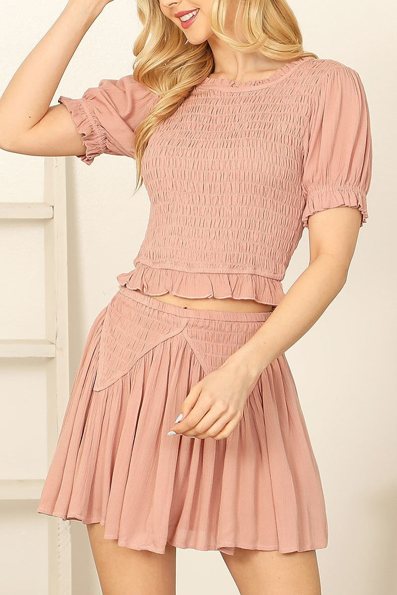 Puff sleeve smocked top pleated smocked skirt (EF7423)