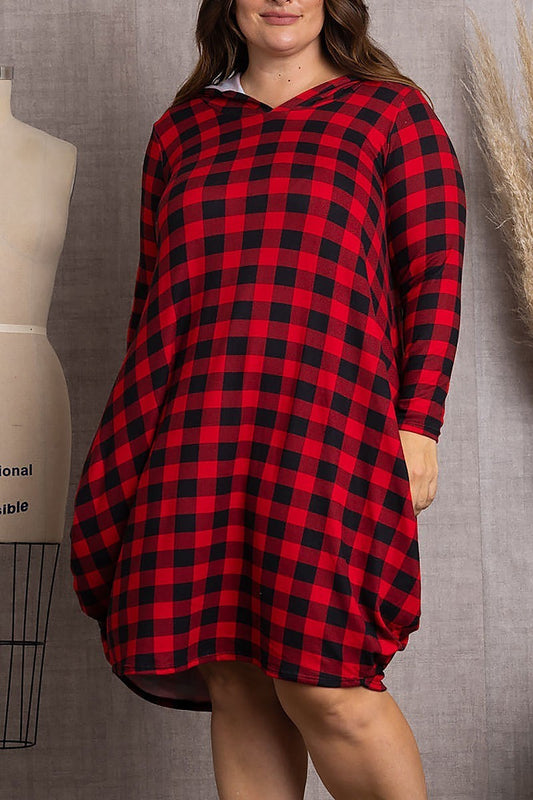 Plaid hoodie long sleeves plus size midi dress (EDSW3583)