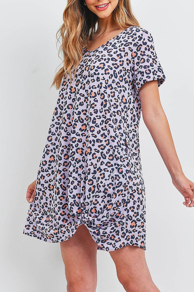 Rolled sleeve twist front hem leopard pocket dress (DED6577)