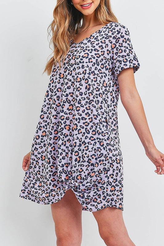 Rolled sleeve twist front hem leopard pocket dress (DED6577)