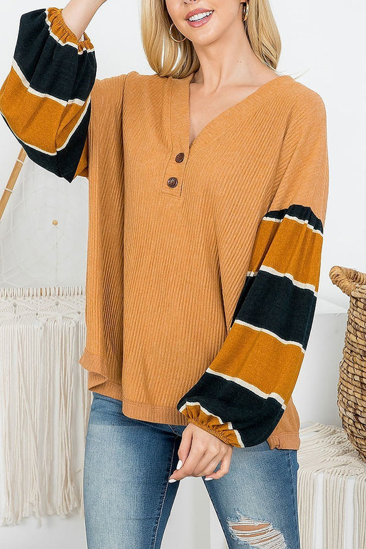 Stripe bubble sleeve color block top (EF4402)