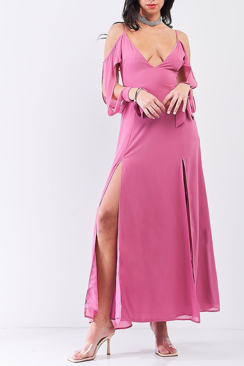 Off shoulder open tie sleeve maxi dress (TDG7989)