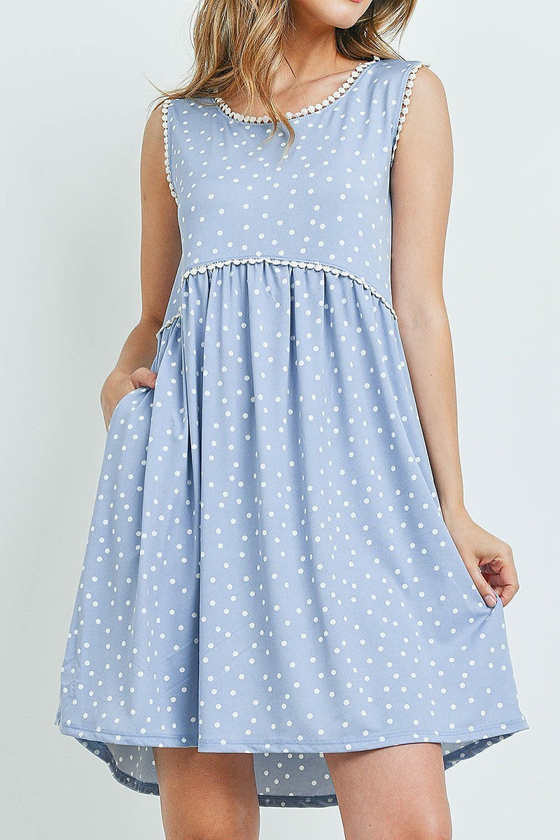 Polka dot sleeveless pompom detail neckline cinch waist baby doll dress with pockets (DED6176-3)