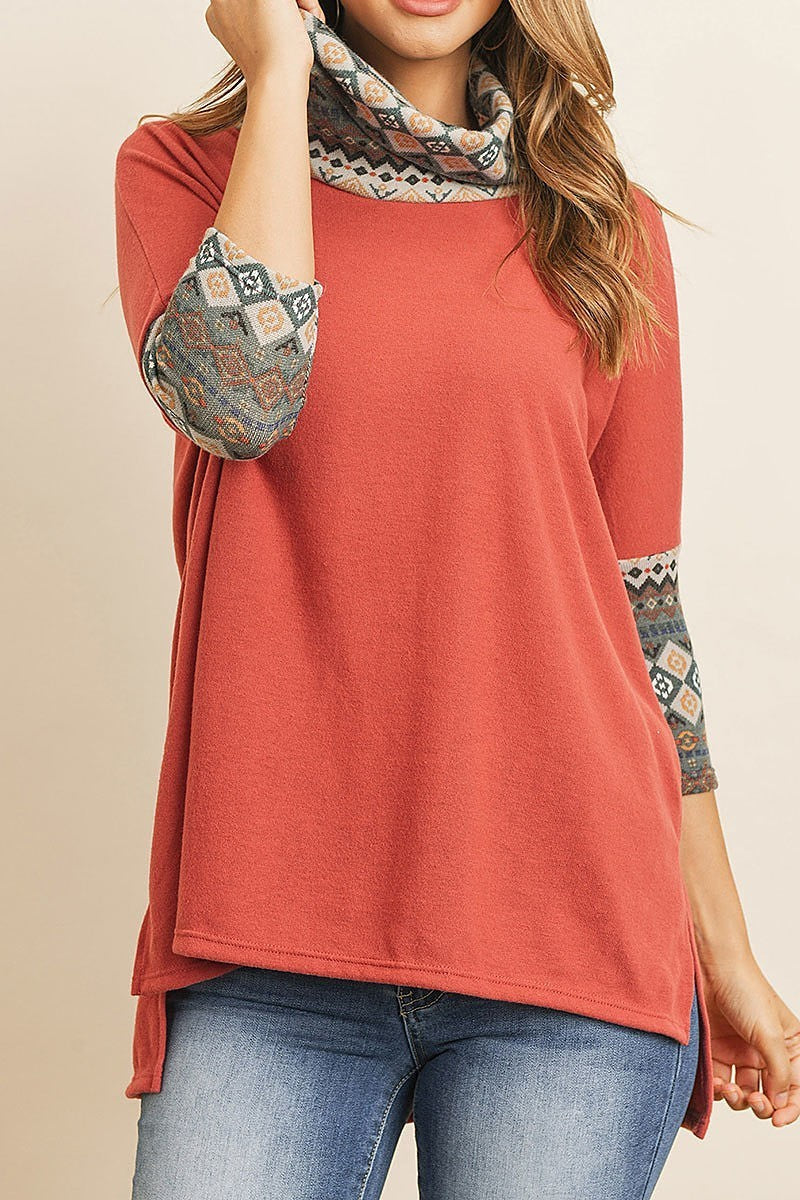 Quarter sleeve cowl neck contrast top (ED8091-1)