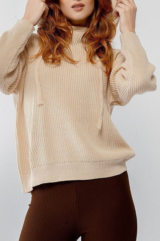 Knit hooded long sleeve relaxed sweater (TDG9927)