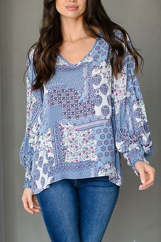 Long sleeve v neck multi print tunic top (EDWT9400)