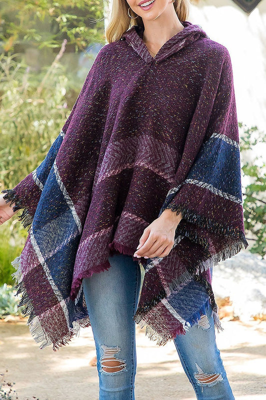 Warmer knitted border line hooded poncho (DGS5854)