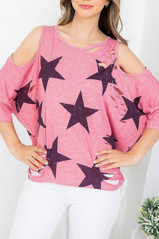 Stars print cold shoulder scoop neck distressed batwing top (EF3695)