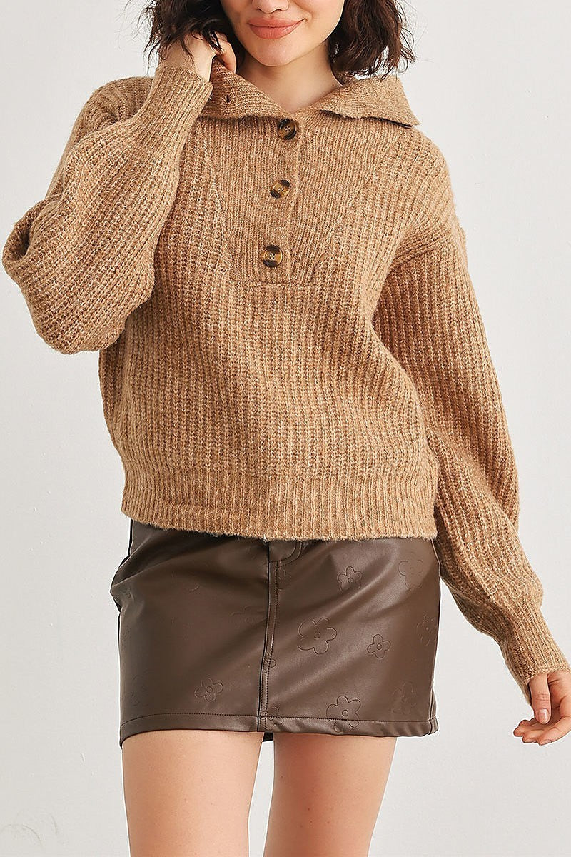 Wool knit button up neck crop sweater (TED2027)