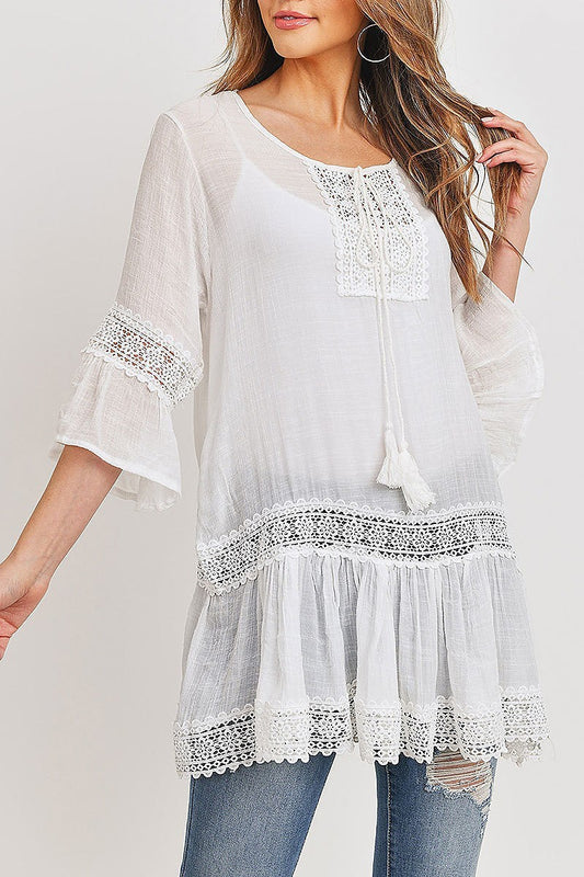 Lace trimmed bell sleeve tunic top (ED8548)