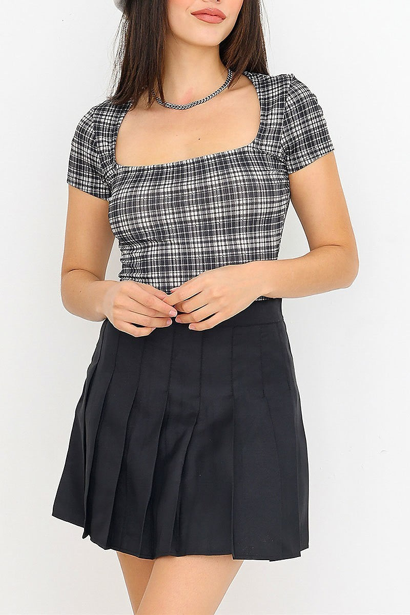 Short sleeeve square neck plaid bodysuit (TED1322)