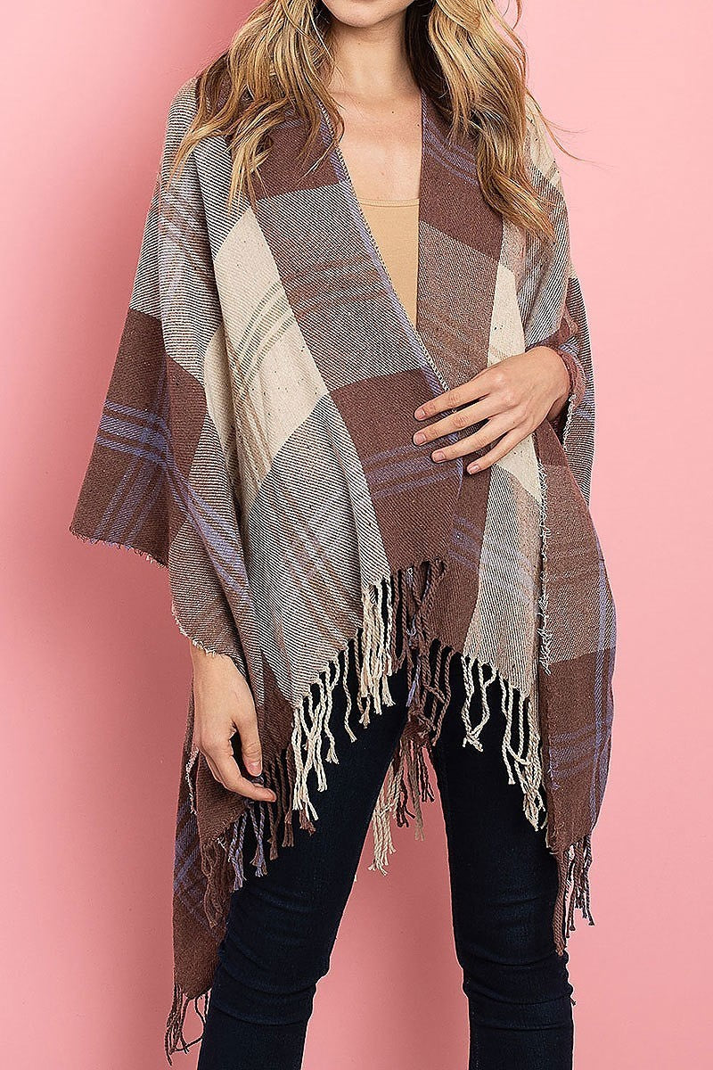 Fringe detail loose fit poncho sweater (DGS4919)