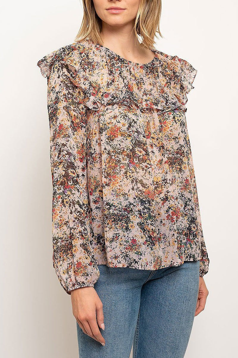 Floral print ruffle detail sheer top (EDWT2367)