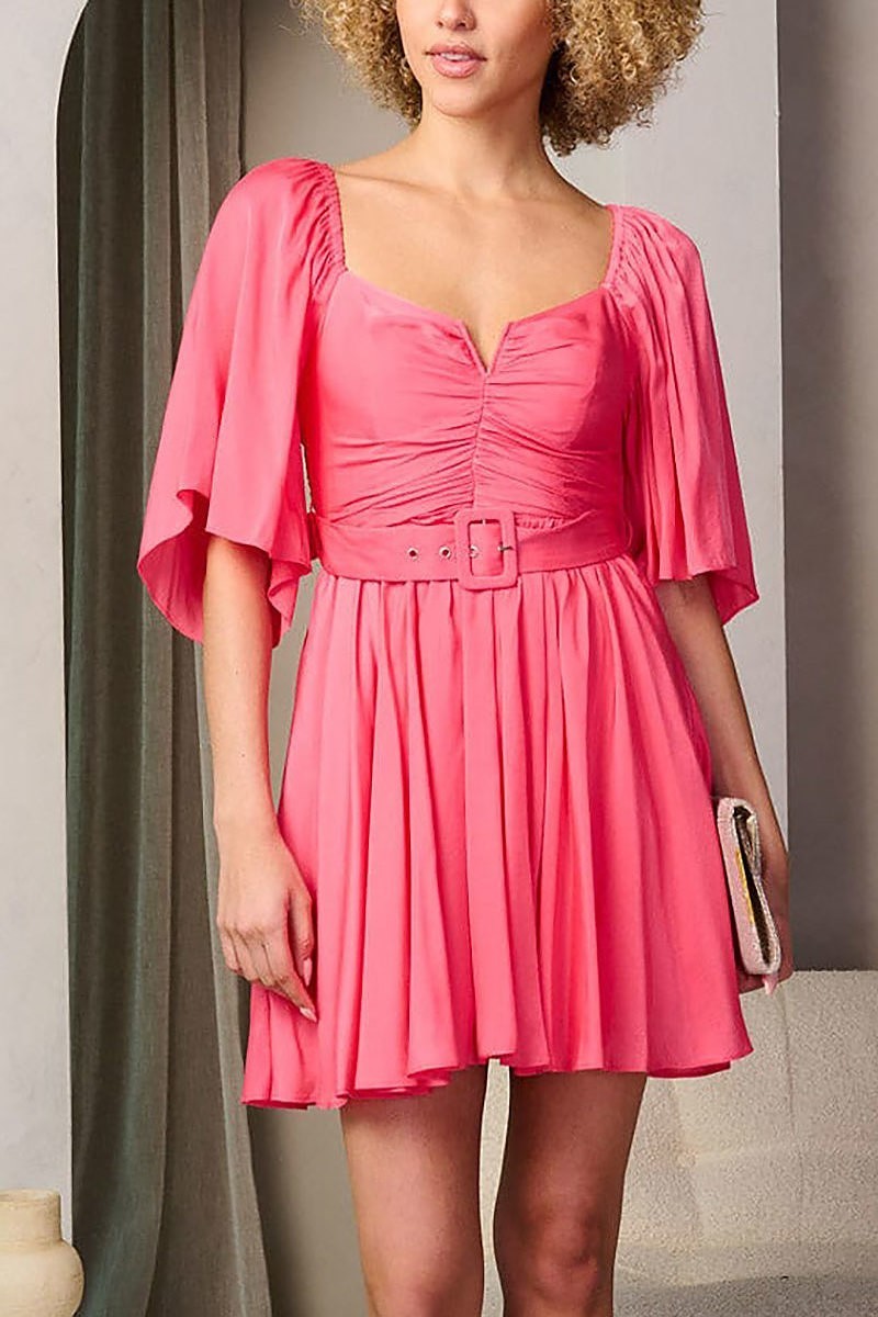 Short sleeve ruffle v-neck belted mini dress (EFWT8298)