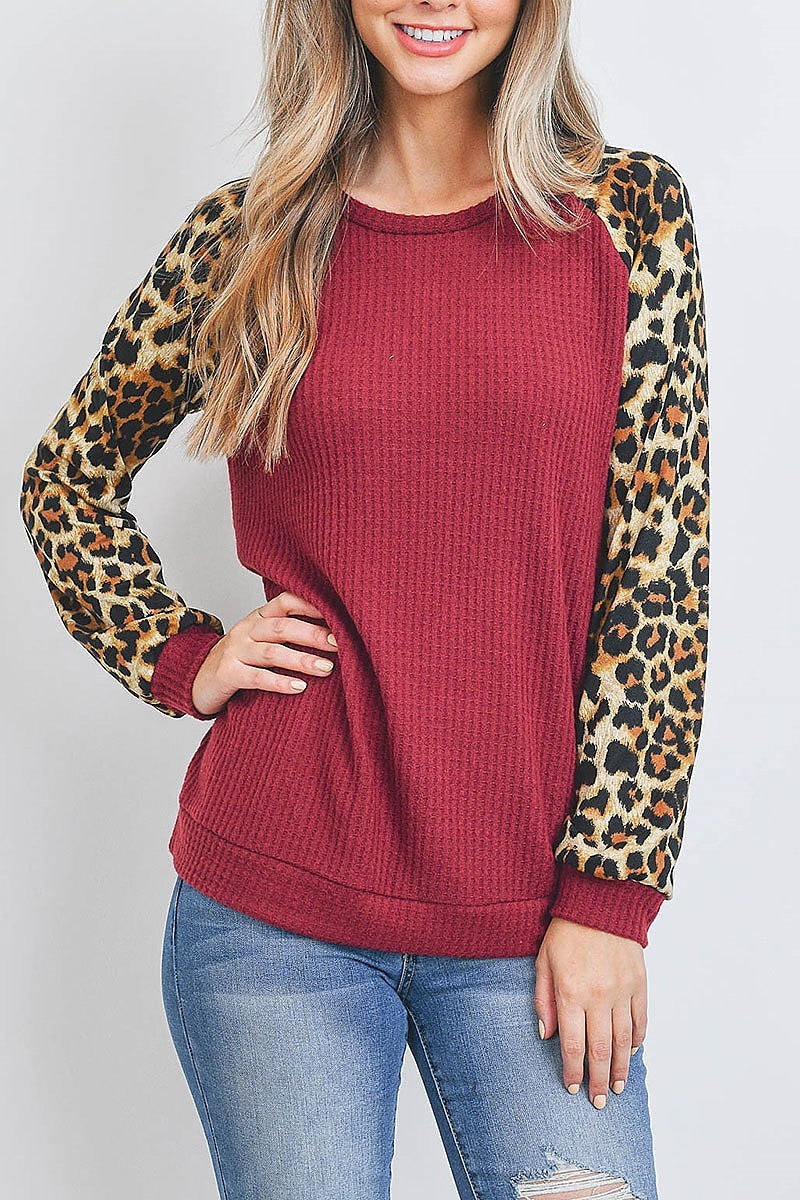 Leopard raglan sleeve knit waffle top (EF2695)