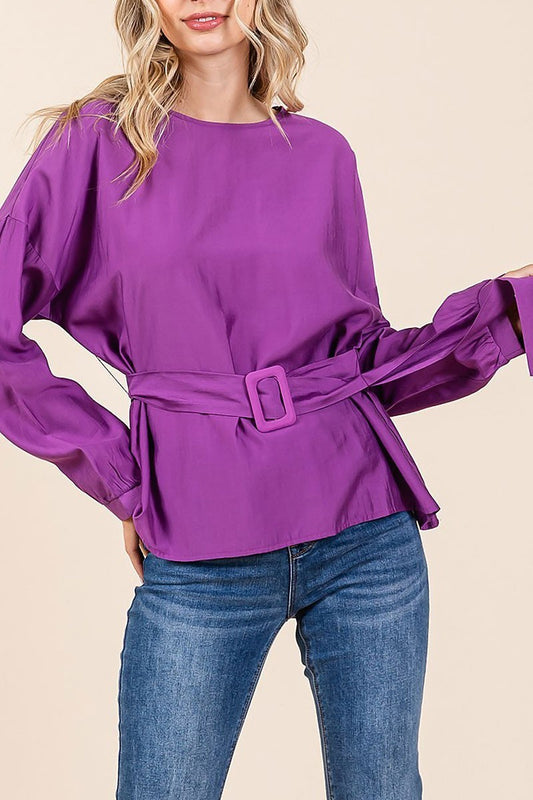 Wide sleeve belted casual blouse top (EDH2308)