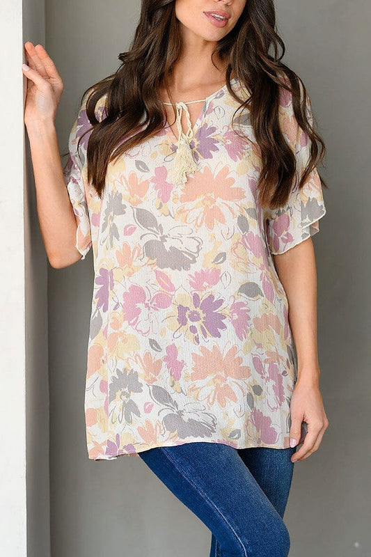 Short ruffle sleeve floral tunic top (EDWT9458)