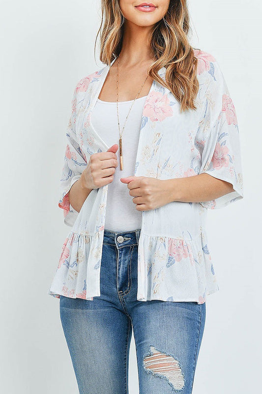 Ruched peplum detail floral print kimono cardigan (ED8756)