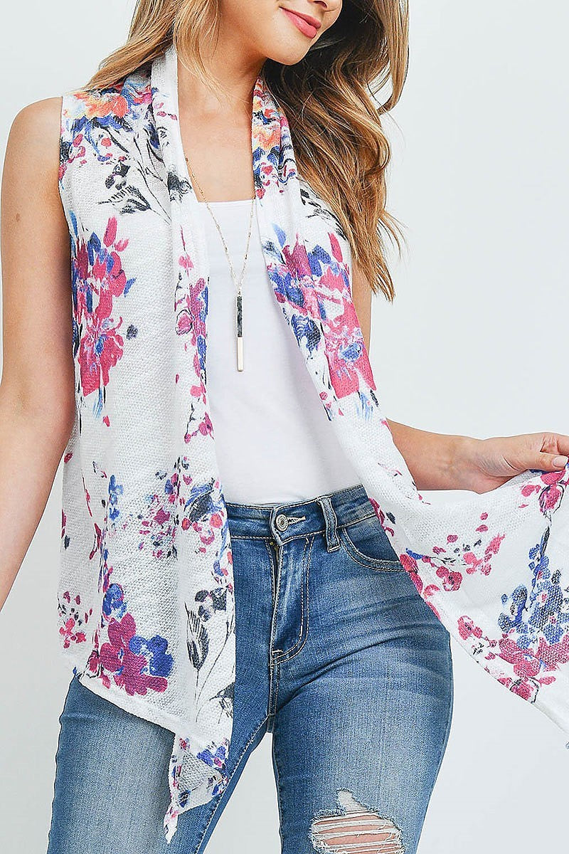 Floral print open front kimono vest (ED9800)