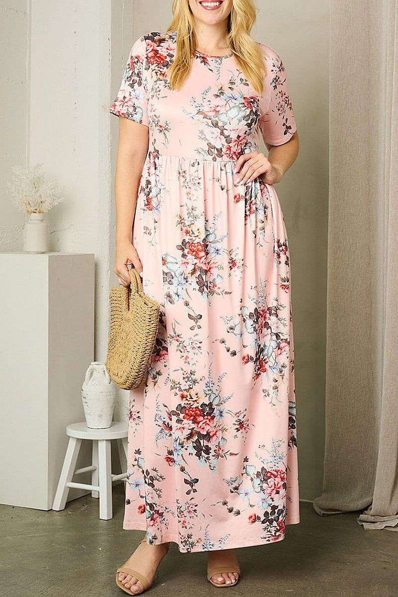 Short sleeve pockets floral maxi dress (EFWT1651)