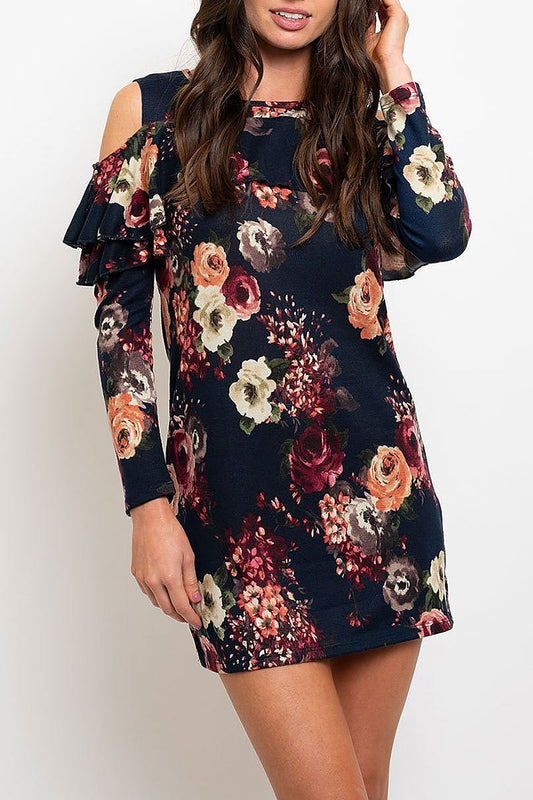 Cold shoulder floral knit mini dress (EDWT2237)