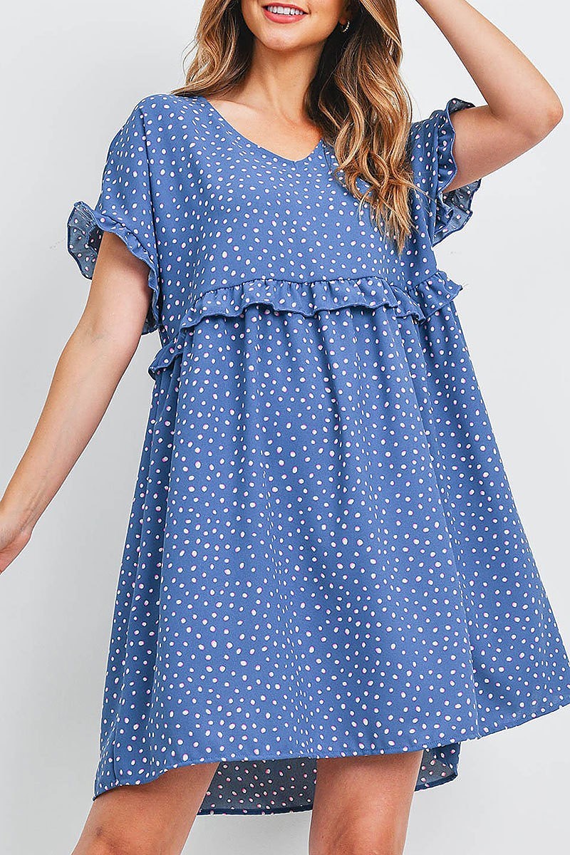 Ruffle detail baby doll dotted print dress (DED6505)