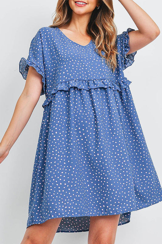 Ruffle detail baby doll dotted print dress (DED6505)