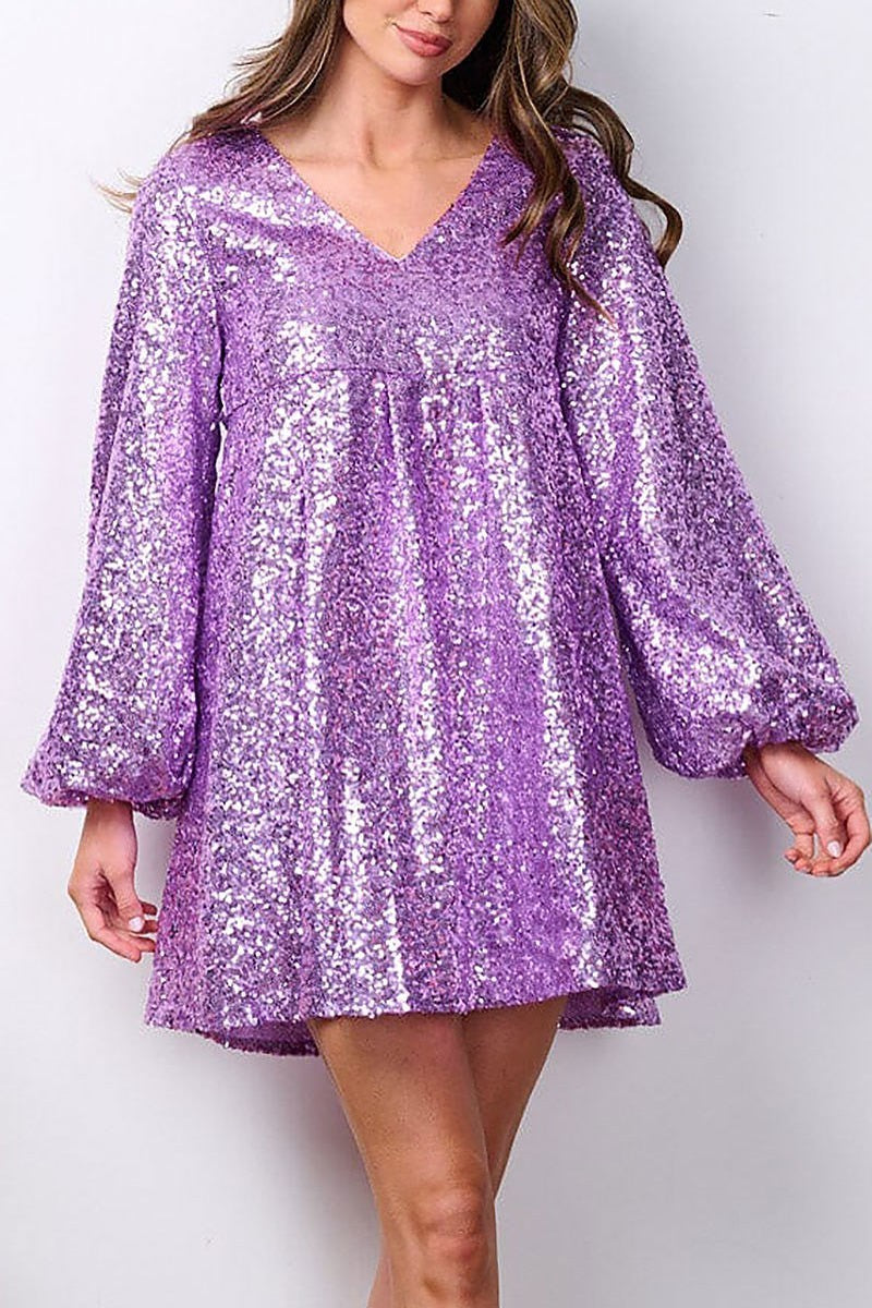 Long sleeve v-neck tunic sequins mini dress (EFWT7578)