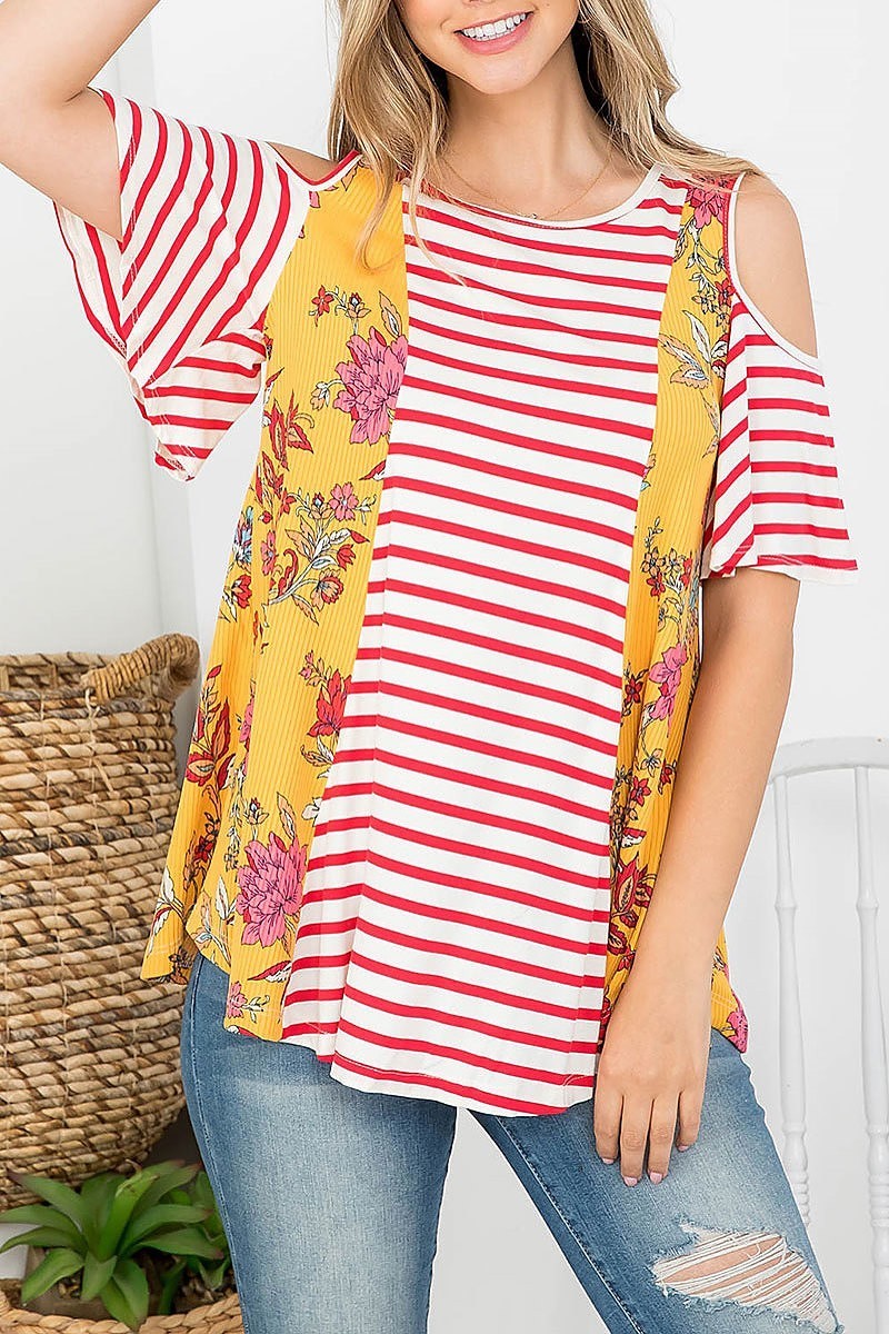 Stripe floral cutout shoulder color block top (EF4333)