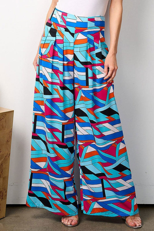 Zip up multi print wide leg palazzo pants (EFWT7765)