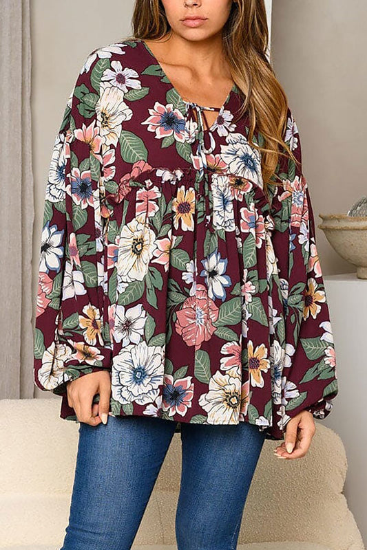 Long sleeve front tie floral print tunic top (EDWT8417)