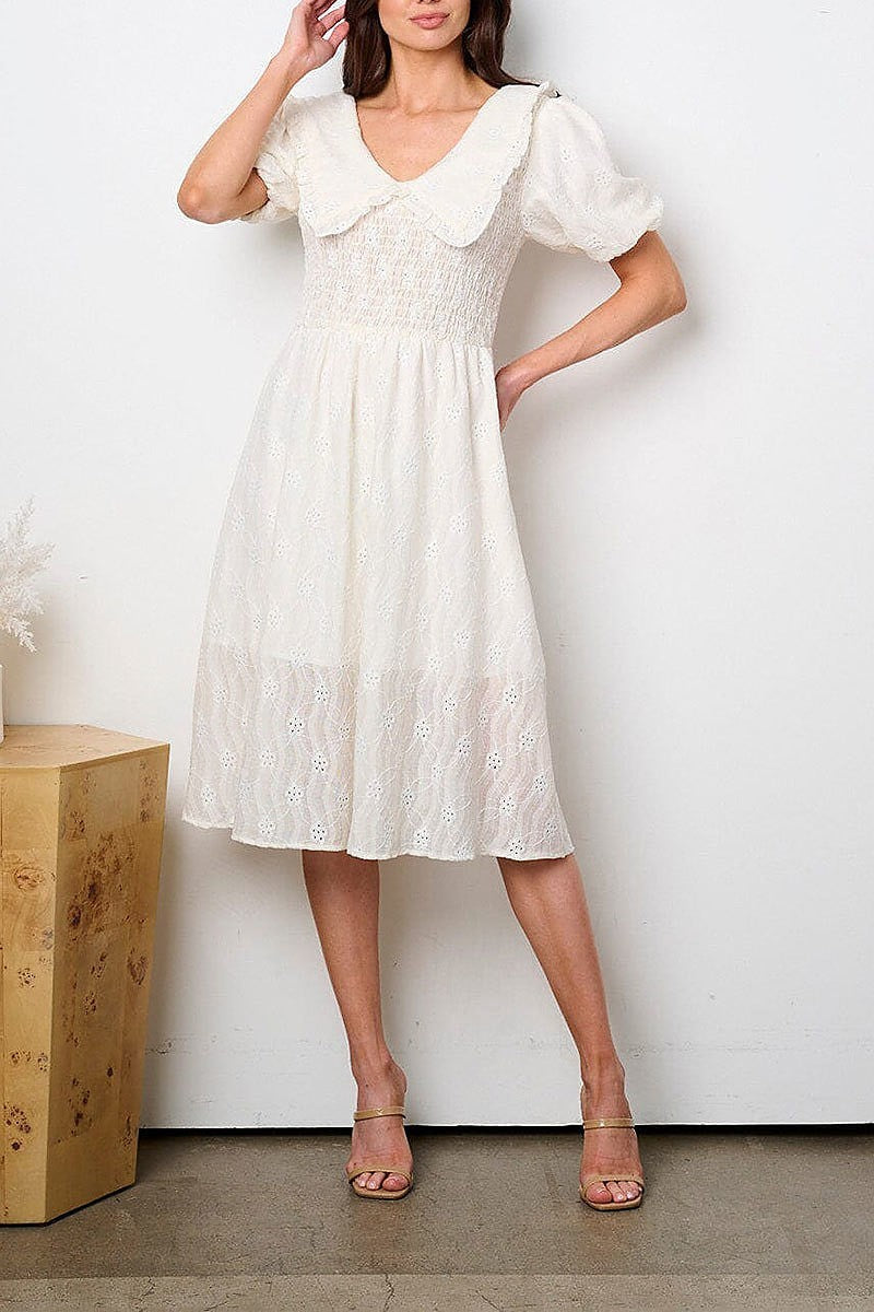 Short puff sleeve v-neck eyelet midi dress (EFWT9122)